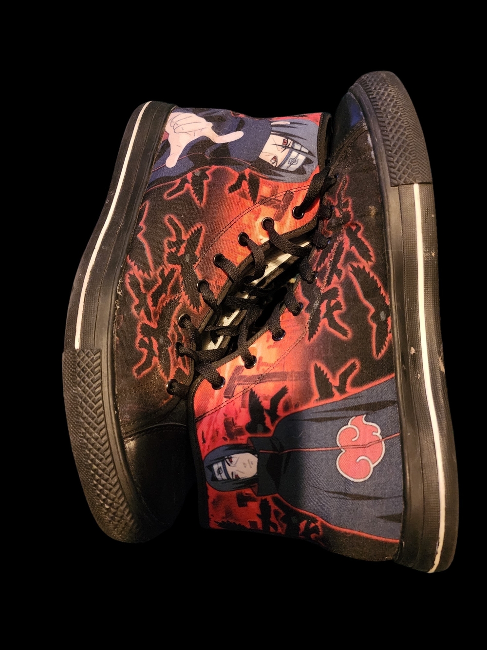 Ground Up brand sneakers feature a vibrant Naruto Akatsuki Itachi Uchiha design
